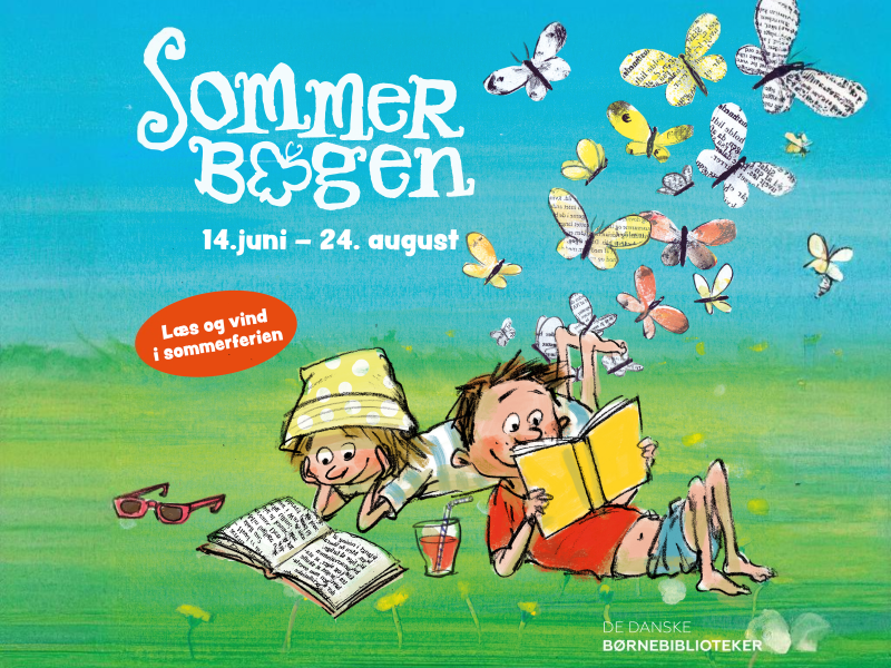 Sommerbogen plakat med to børn der læser og mange sommerfugle på græsplæne