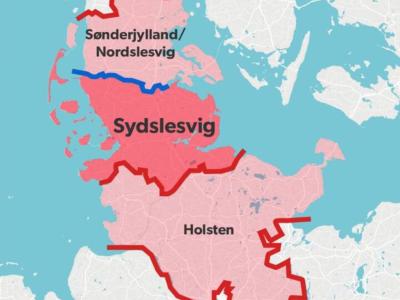 Billedet forestiller et landkort, hvor man kan se Sønderjylland, Sydslesvig og Holsten angivet.